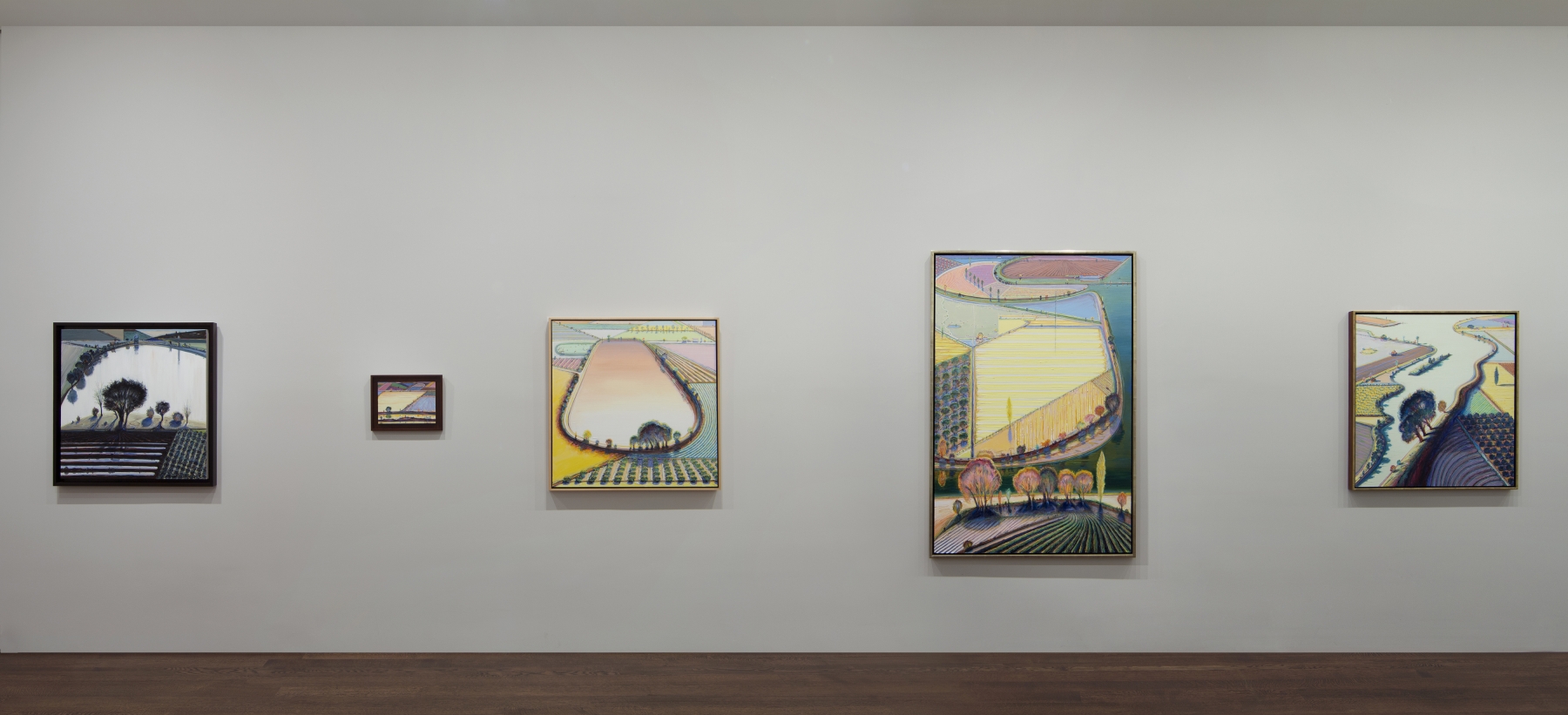 Installation view of&nbsp;Wayne Thiebaud: A Retrospective,&nbsp;October 22-November 29, 2012. Left to Right:, River Pool, 1997