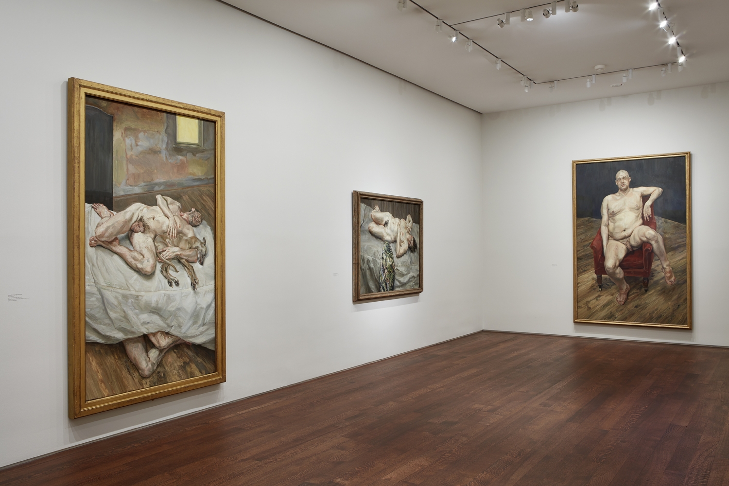 Installation view of&nbsp;Lucian Freud: Monumental&nbsp;at Acquavella Galleries from April 5&ndash;May 24, 2019. Left to right:&nbsp;Sunny Morning&mdash;Eight Legs,&nbsp;1997, Lent by&nbsp;The Art Institute of Chicago; Joseph Winterbotham Collection (1997.561);&nbsp;Portrait on Gray Cover, 1996, Lent by&nbsp;Private Collection;&nbsp;Leigh Bowery (Seated),&nbsp;1990, Lent by&nbsp;Private Collection.&nbsp;Photo by Kent Pell. Art&nbsp;&copy; The Lucian Freud Archive / Bridgeman Images.