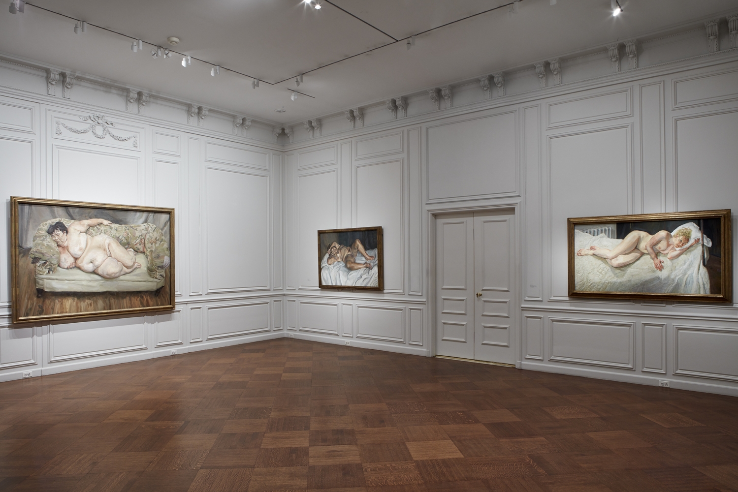 Installation view of&nbsp;Lucian Freud: Monumental&nbsp;at Acquavella Galleries from April 5&ndash;May 24, 2019.&nbsp;Left to right:&nbsp;Benefits Supervisor Sleeping,&nbsp;1995, Lent by&nbsp;Private Collection;&nbsp;Naked Solicitor,&nbsp;2003, Lent by&nbsp;Private Collection;&nbsp;Ria, Naked Portrait,&nbsp;2006-07, Lent by&nbsp;Private Collection.&nbsp;Photo by Kent Pell. Art&nbsp;&copy; The Lucian Freud Archive / Bridgeman Images.