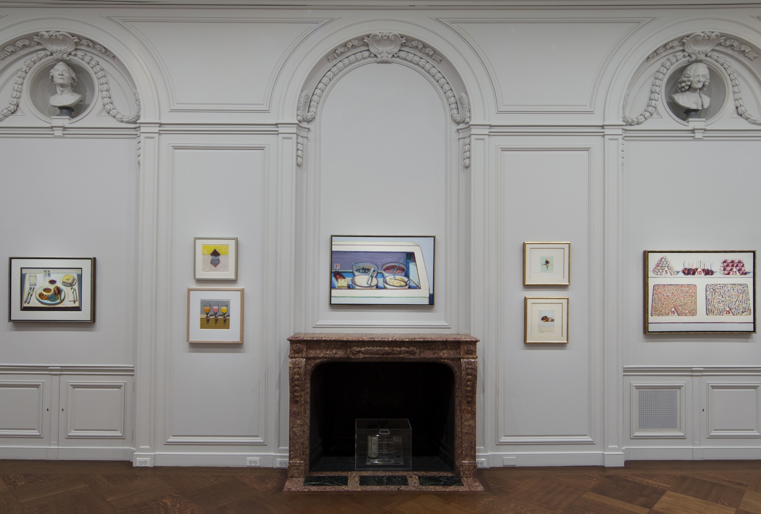 Installation view of Wayne Thiebaud: A Retrospective, October 22&ndash;November 29, 2012.&nbsp;Left to Right:, Drumstick Dinner, 2012