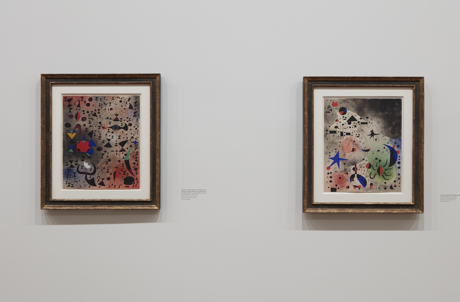Installation view of&nbsp;Calder |&nbsp;Mir&oacute; Constellations&nbsp;at Acquavella Galleries in collaboration with the Pace Gallery&nbsp;from April 20&ndash;May 26, 2017.&nbsp;Left to right:&nbsp;, Femmes au bord du lac &agrave; la surface iris&eacute;e par le passage d&rsquo;un cygne (Women at the Edge of the Lake Made Iridescent by the Passage of a Swan), 1941, Lent by&nbsp;Private Collection&nbsp;