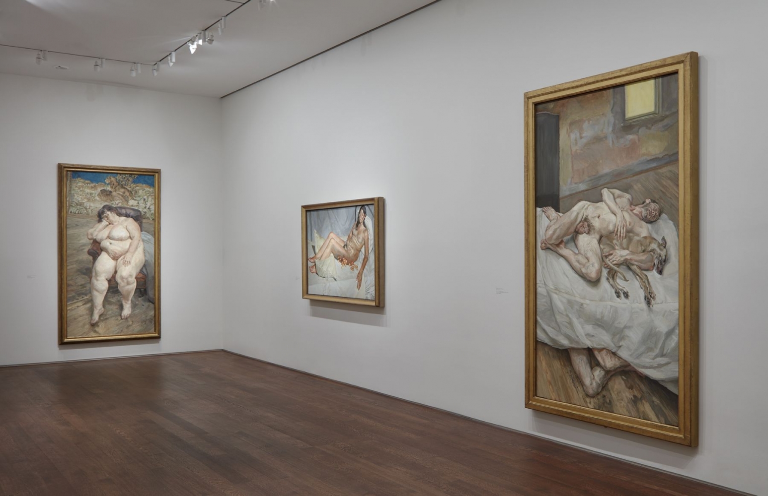 Installation view of&nbsp;Lucian Freud: Monumental&nbsp;at Acquavella Galleries from April 5&ndash;May 24, 2019.&nbsp;Left to right:&nbsp;Sleeping by the Lion Carpet,&nbsp;1995-96, Lent by&nbsp;The Lewis Collection;&nbsp;Irish Woman on a Bed, 2003-04, Lent by&nbsp;Private Collection;&nbsp;Sunny Morning&mdash;Eight Legs,&nbsp;1997, Lent by&nbsp;The Art Institute of Chicago; Joseph Winterbotham Collection (1997.561)., Photo by Kent Pell. Art&nbsp;&copy; The Lucian Freud Archive / Bridgeman Images.