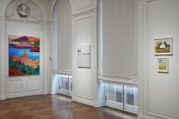Works by Daniel Heidkamp, Isca Greenfield-Sanders, and Maureen Gallace on view in Unnatural Nature: Post-Pop Landscapes, on view in the New York gallery April 21 - June 10, 2022.  Installation view by Kent Pell.